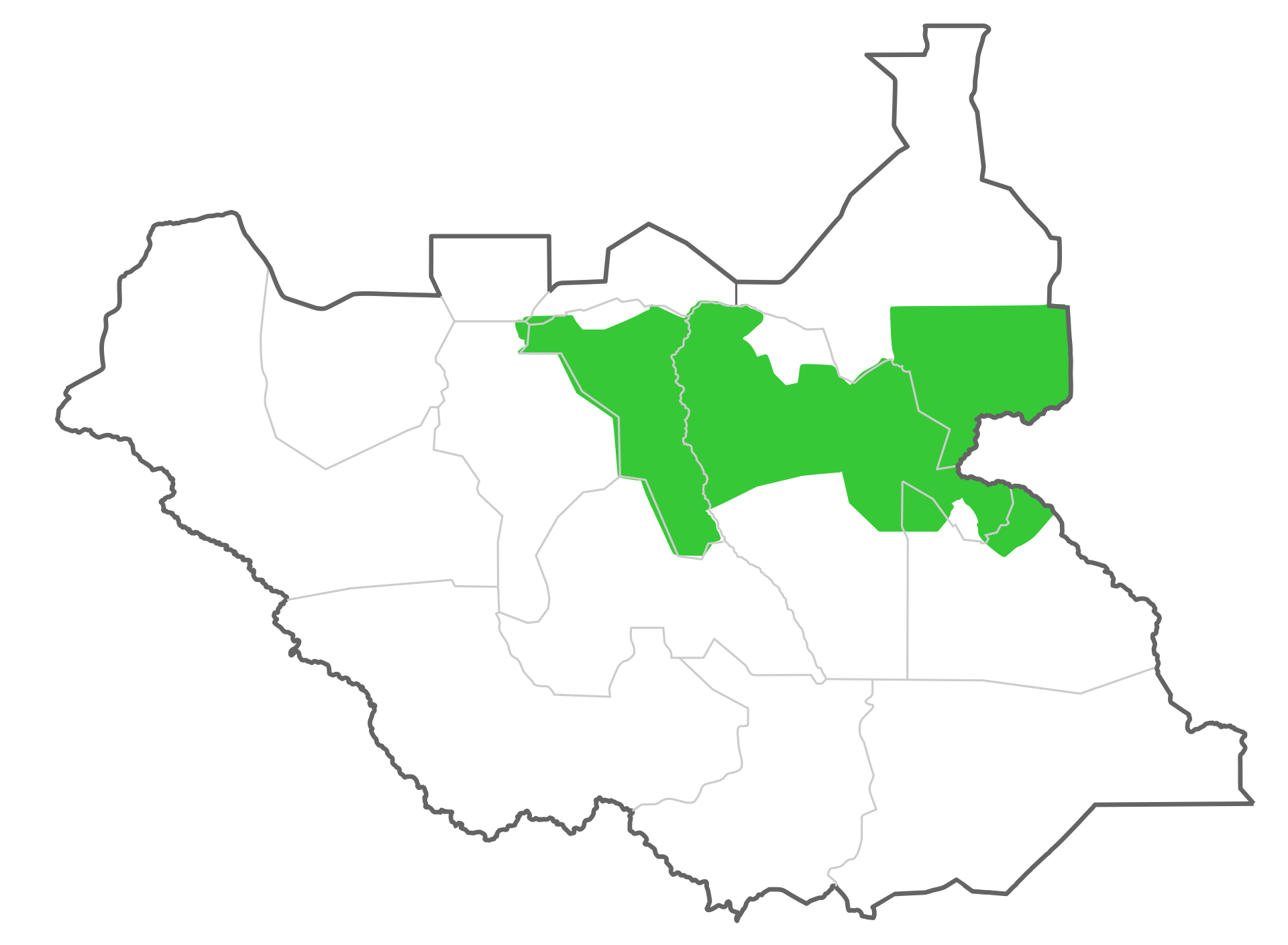 Mapa de Sudán del Sur con el área de asentamiento nuer sombreada en torno al Nilo y el Sobat