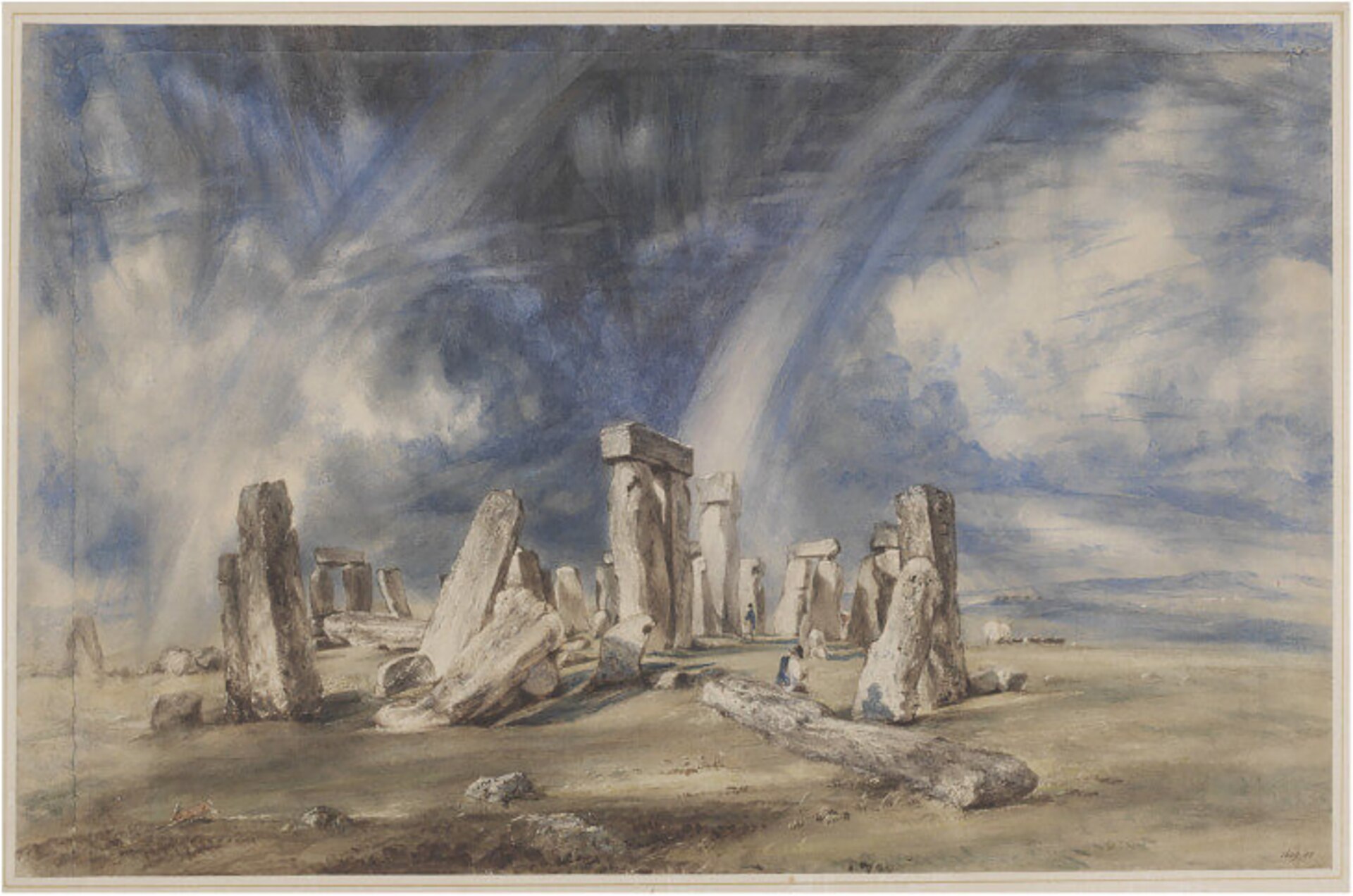 Pintura de Stonehenge bajo un cielo tormentoso atravesado por un arcoíris doble, con el monumento solitario en la llanura