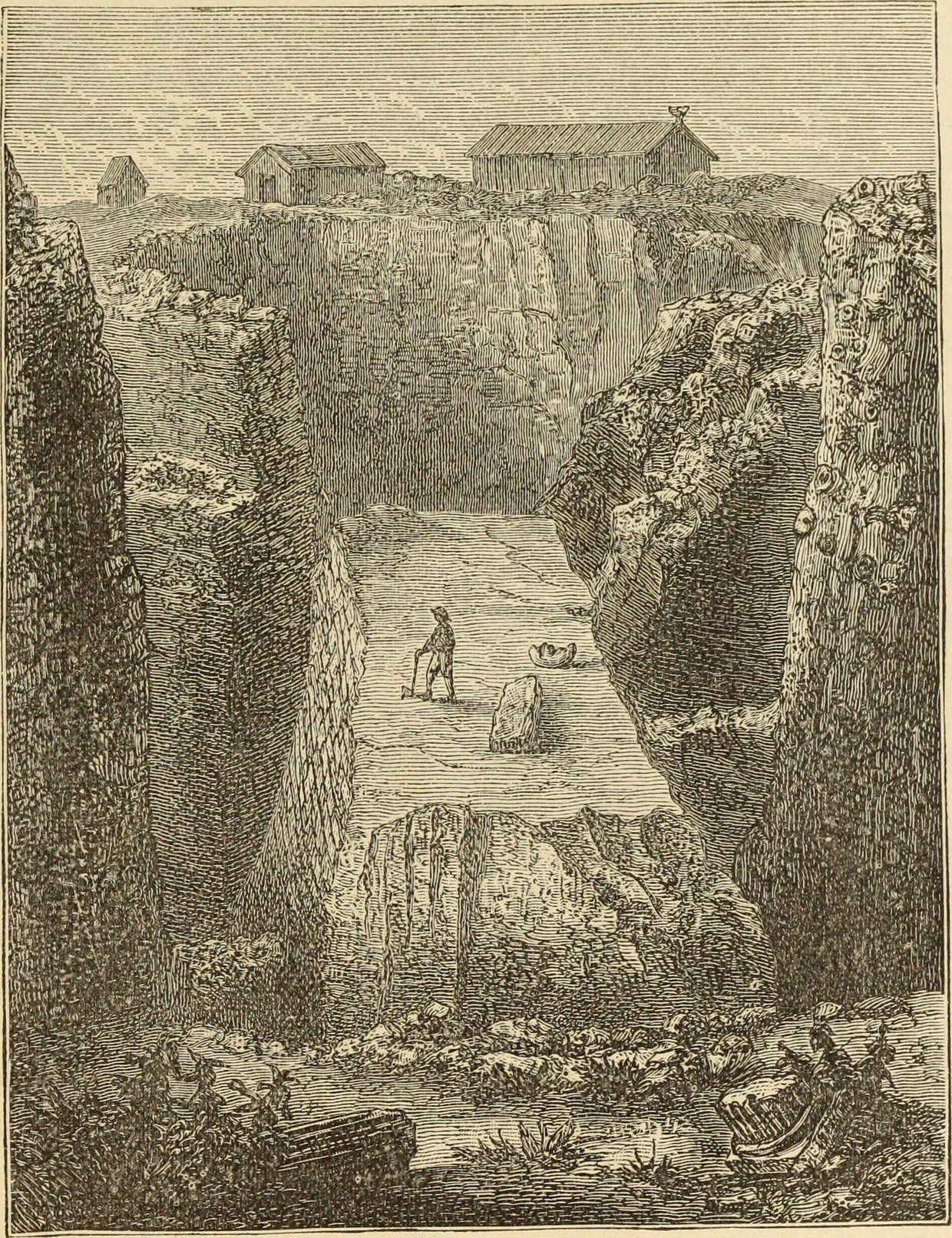 Grabado de un pozo de excavación muy profundo con un obrero con pala en el fondo, entre paredes de tierra cortada y casas de madera en el borde superior