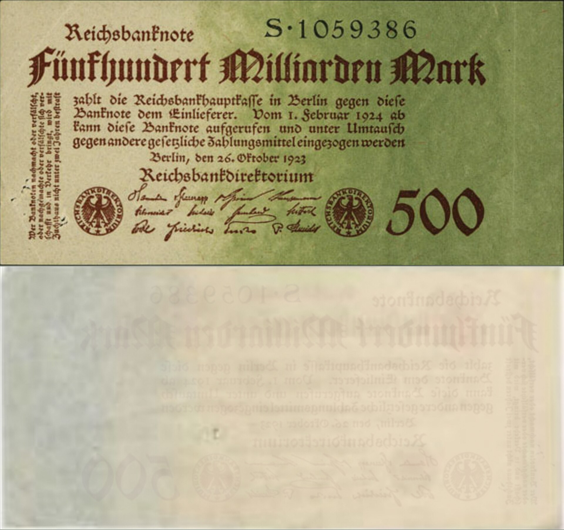 Billete alemán de quinientos mil millones de marcos del 26 de octubre de 1923