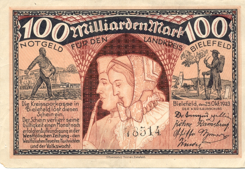 Billete de emergencia de cien mil millones de marcos del distrito de Bielefeld, impreso a color con figuras campesinas