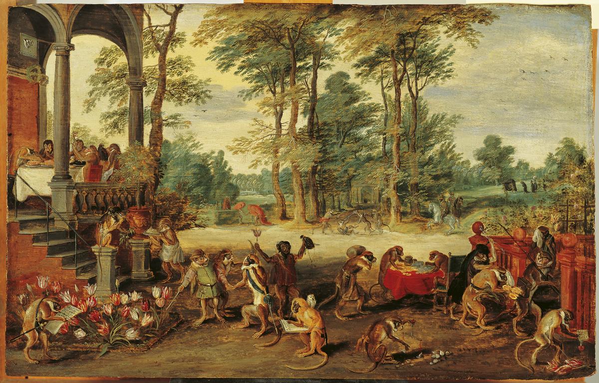 Óleo con monos vestidos de burgueses holandeses tasando tulipanes, contando dinero y banqueteando; al fondo, un cortejo fúnebre