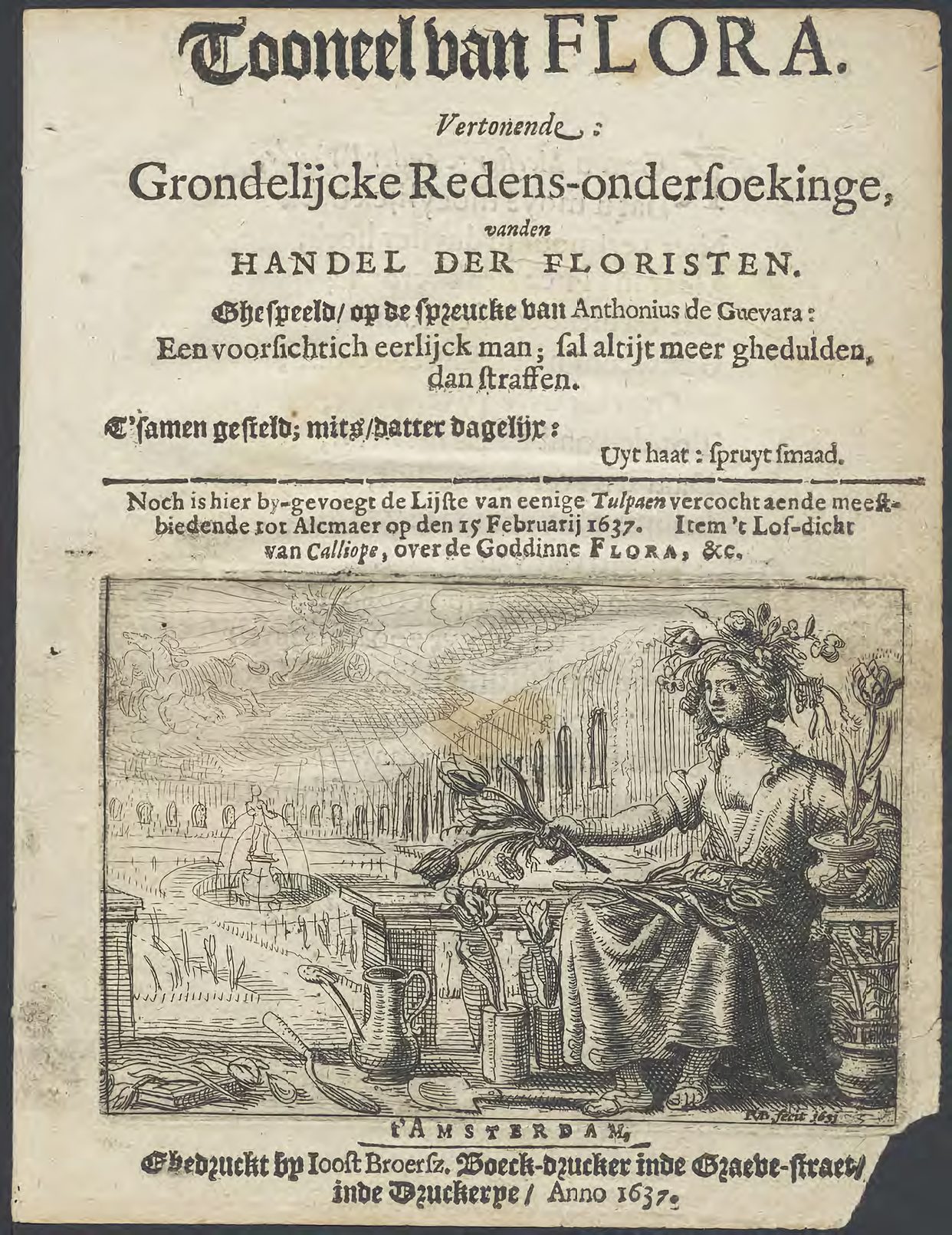 Portada tipográfica de 1637 del panfleto holandés Tooneel van Flora, con un grabado de la diosa Flora entre tulipanes