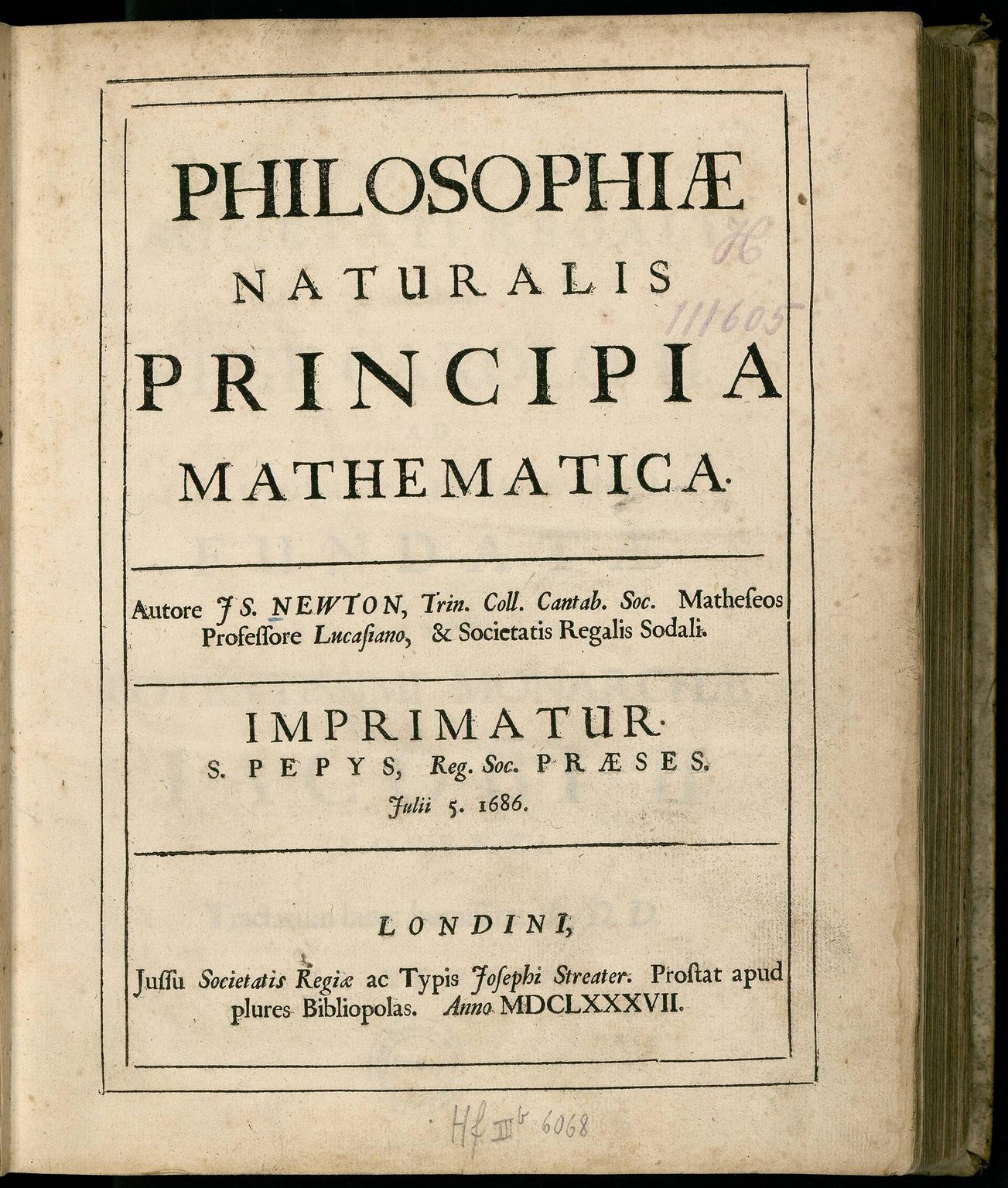 Portada de la primera edición de los Principia de Newton, 1687