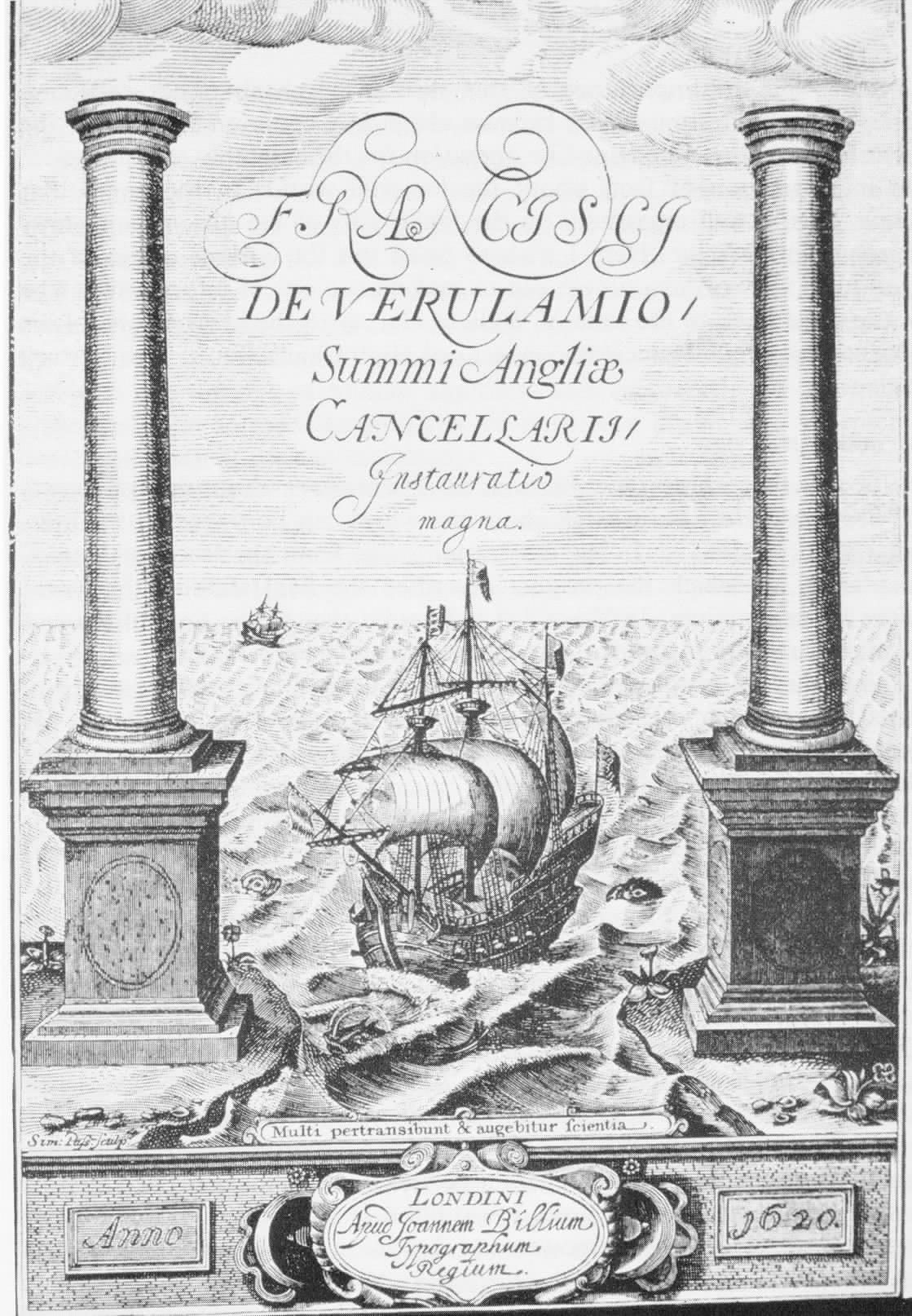 Portada del Novum Organum de Francis Bacon, con un barco atravesando las columnas de Hércules