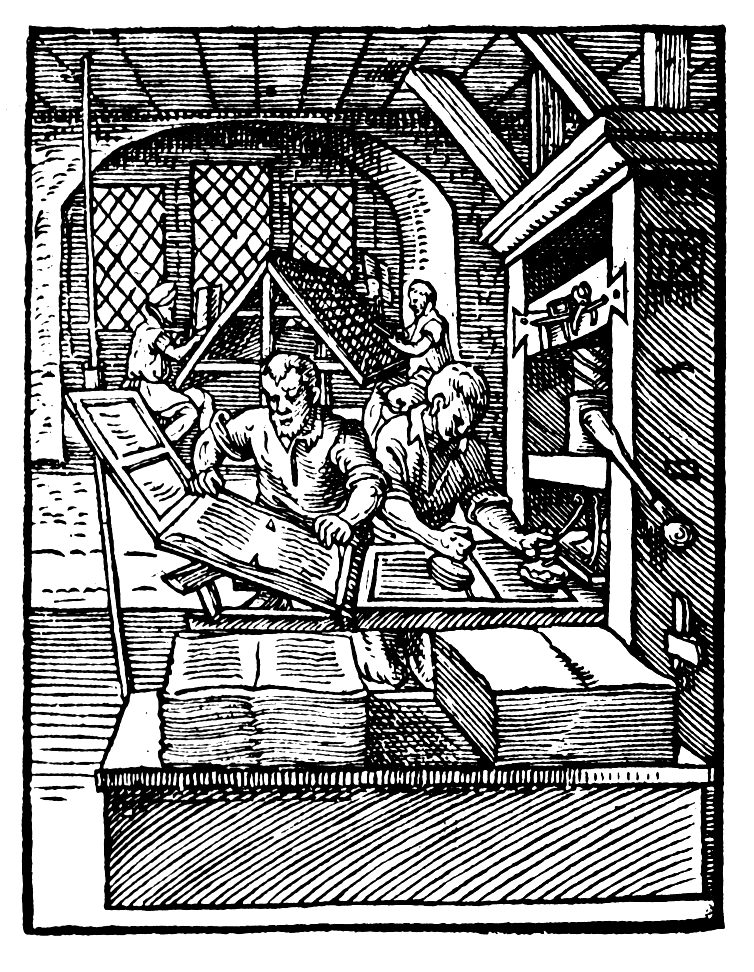 Xilografía de Jost Amman de 1568 con el impresor y su prensa en el taller