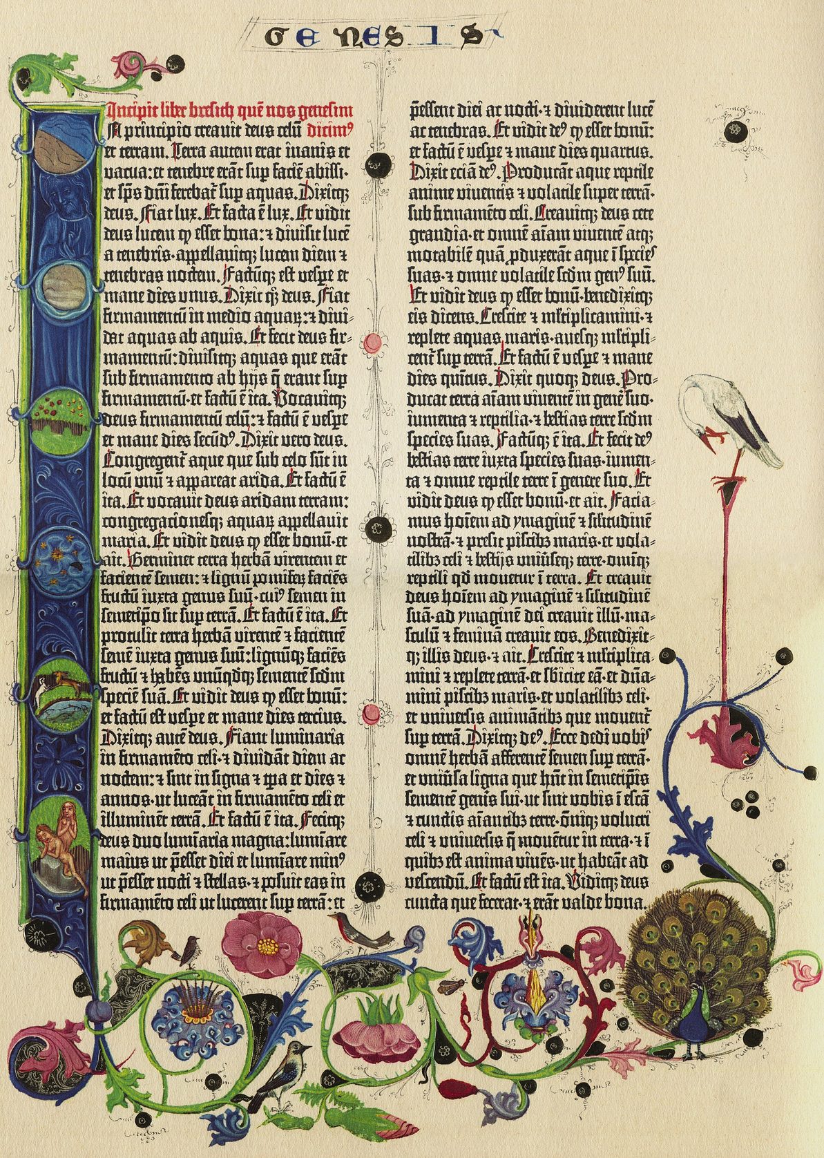 Página del Génesis en la Biblia de 42 líneas de Gutenberg, con capitulares iluminadas a mano