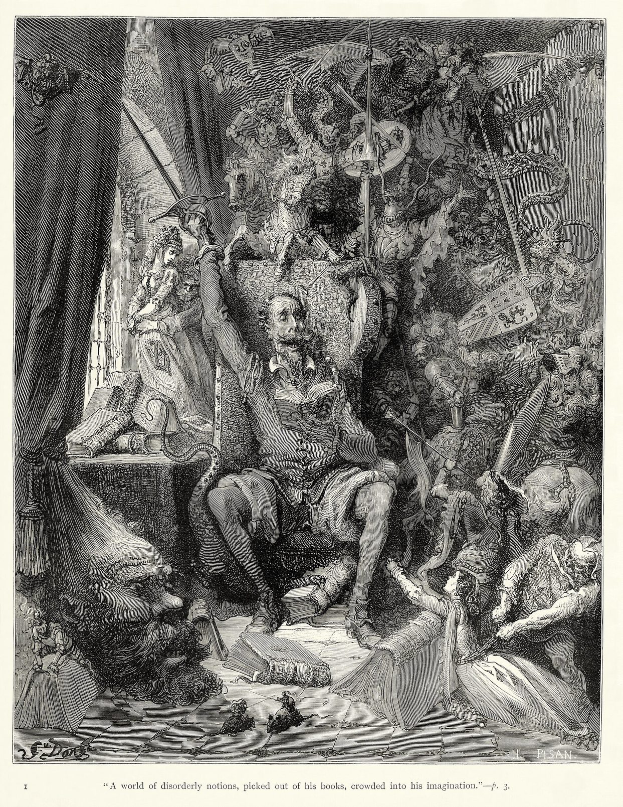 Grabado de Doré para el Quijote: don Quijote leyendo en su biblioteca rodeado de figuras imaginarias