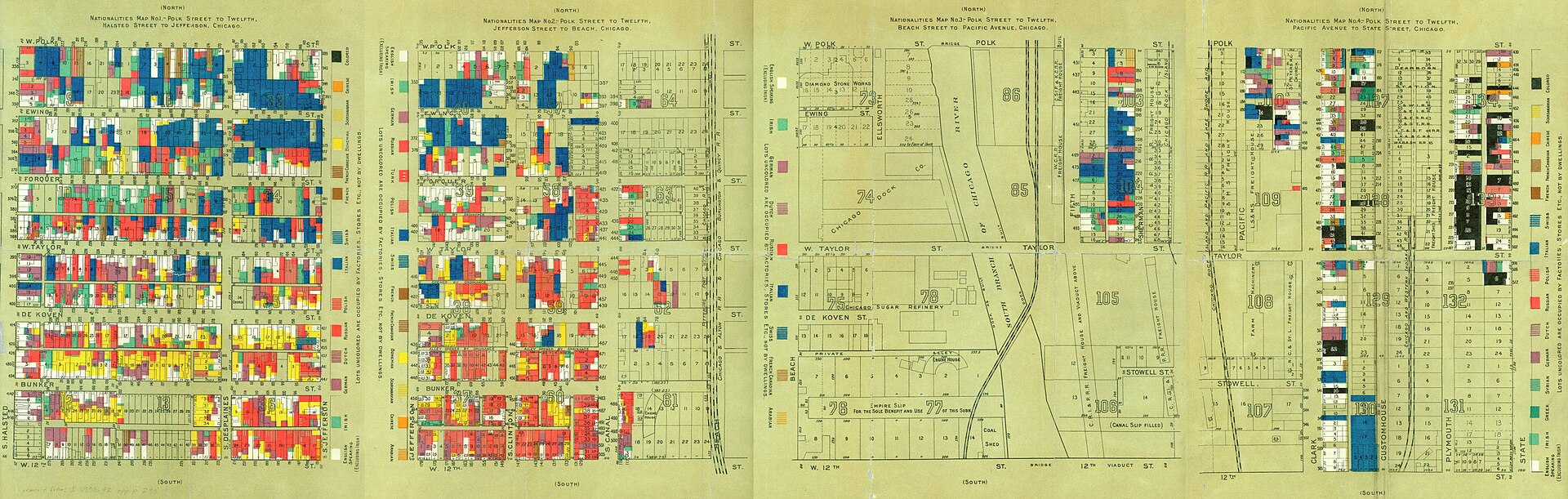 Cuatro mapas de nacionalidades de 1895, manzana a manzana, con los lotes coloreados según el origen de sus habitantes